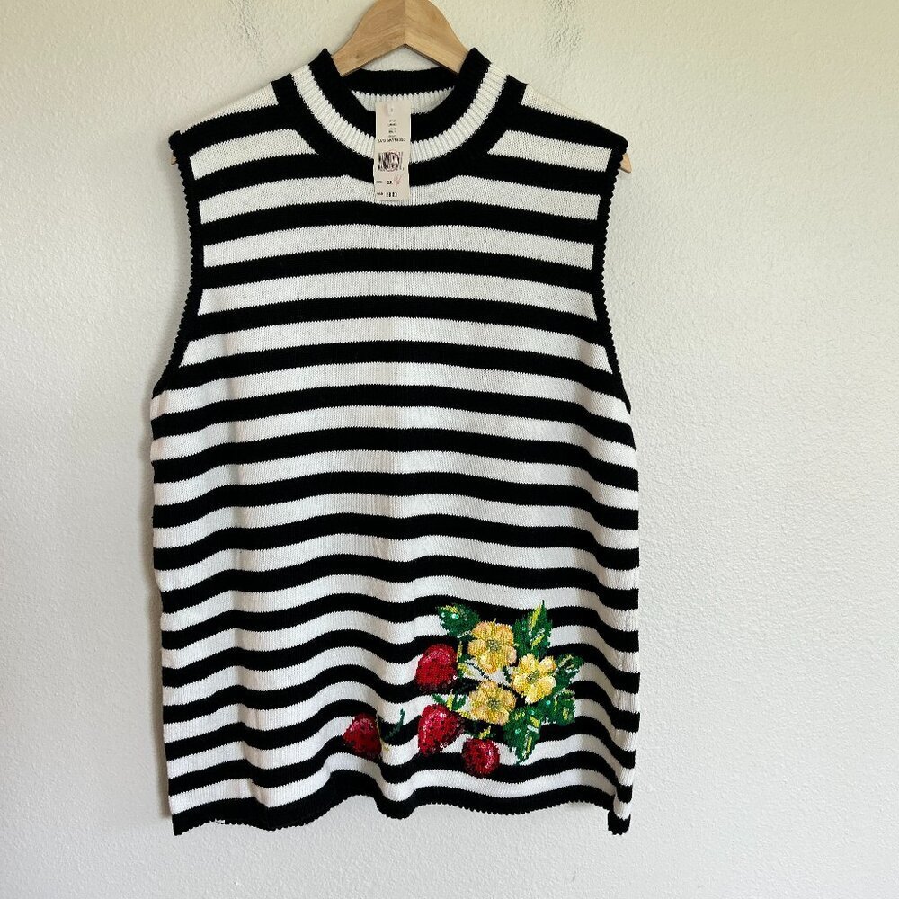 NWT Marisa Christina Sleeveless Sweater 2X Blue Stripe Strawberry Mock